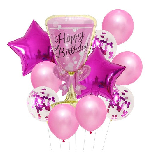 Set baloane Happy Birthday, ANGELBEAR, set din 11 bucati, Balon Pahar 93 cm, 2 baloane stea 45 cm, 5 baloane latex 30 cm, 3 baloane cu paiete 30 cm, Mov